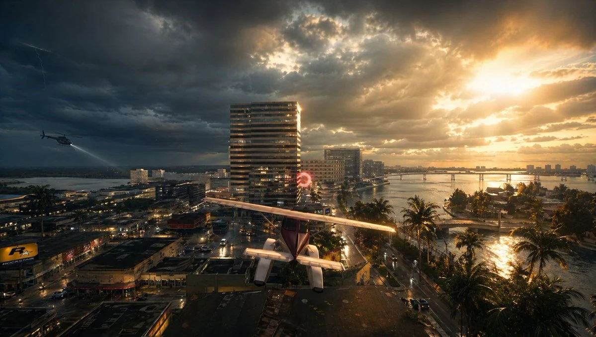 A small light airplane perches on a rooftop in a stormy tropical city, with dark clouds on one side and golden sunset on the other