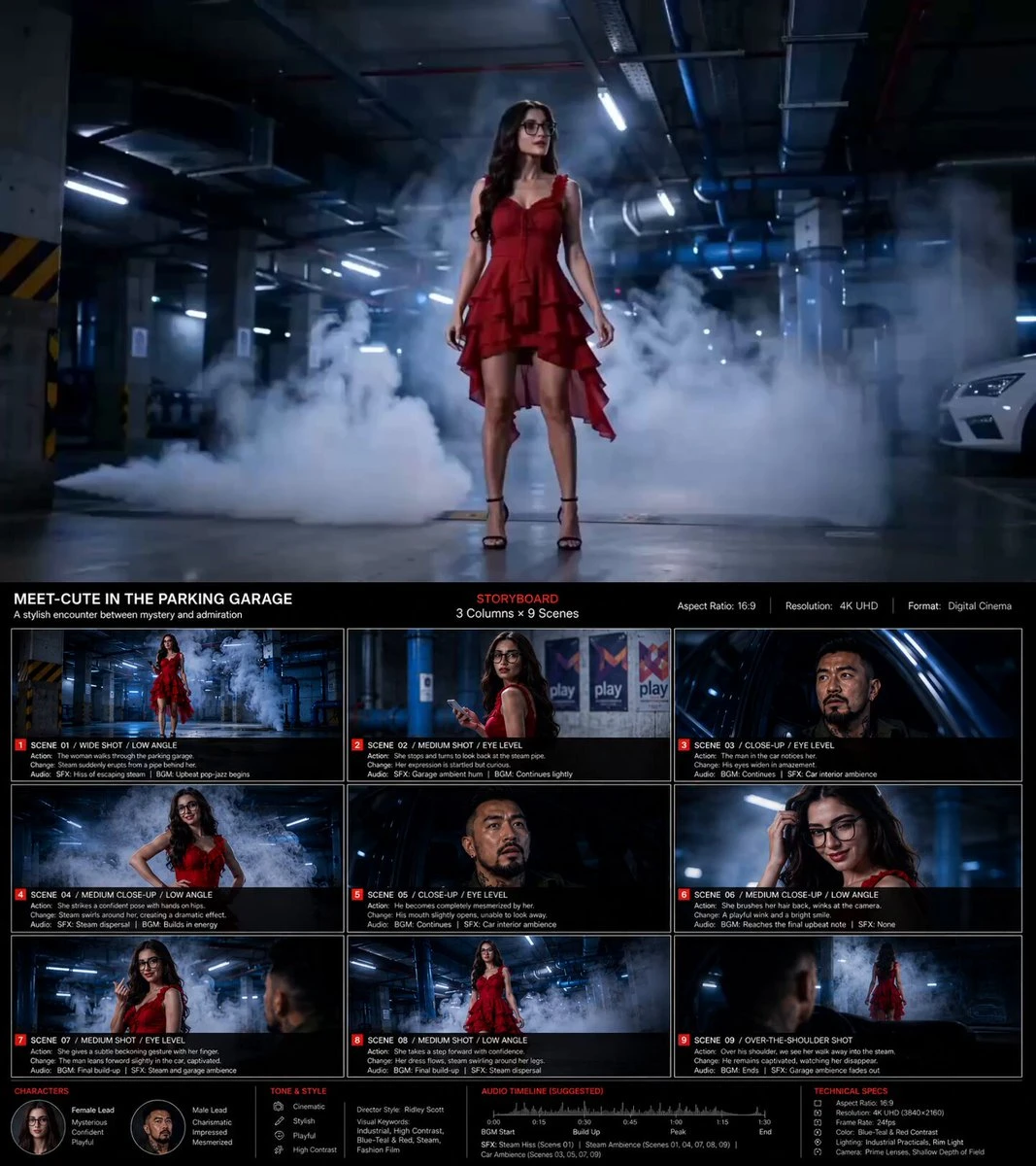 A woman in a red dress stands confidently in a foggy parking garage.