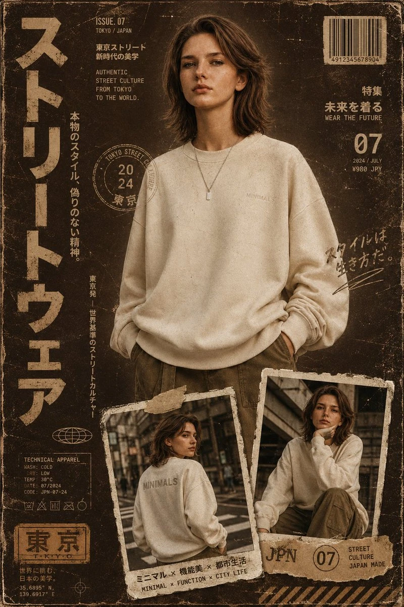 A high-fashion portrait of a model in a minimalist sweatshirt dominates a vintage-styled streetwear magazine cover, accented by distressed textures and Japanese typography