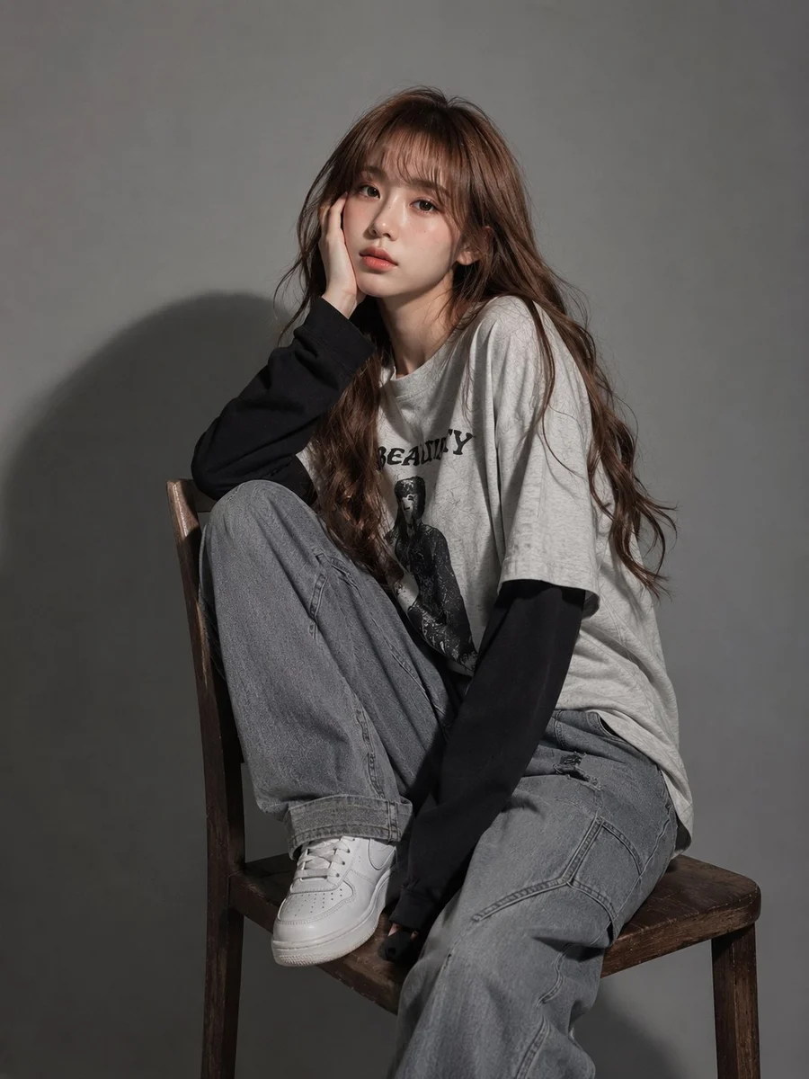 Women’s streetwear studio portrait with expressive styling, crisp facial detail and a polished editorial composition
