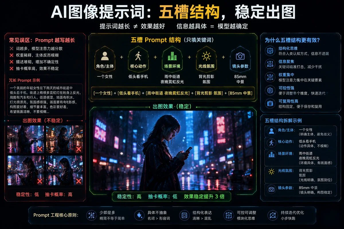 A professional 5-slot framework for GPT-Image 2 that categorizes prompts into subject, action, environment, lighting, and camera for maximum stability