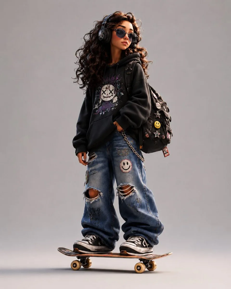 Stylized 3D skater stands in oversized ripped jeans, a black jacket and graphic patches against a plain studio backdrop