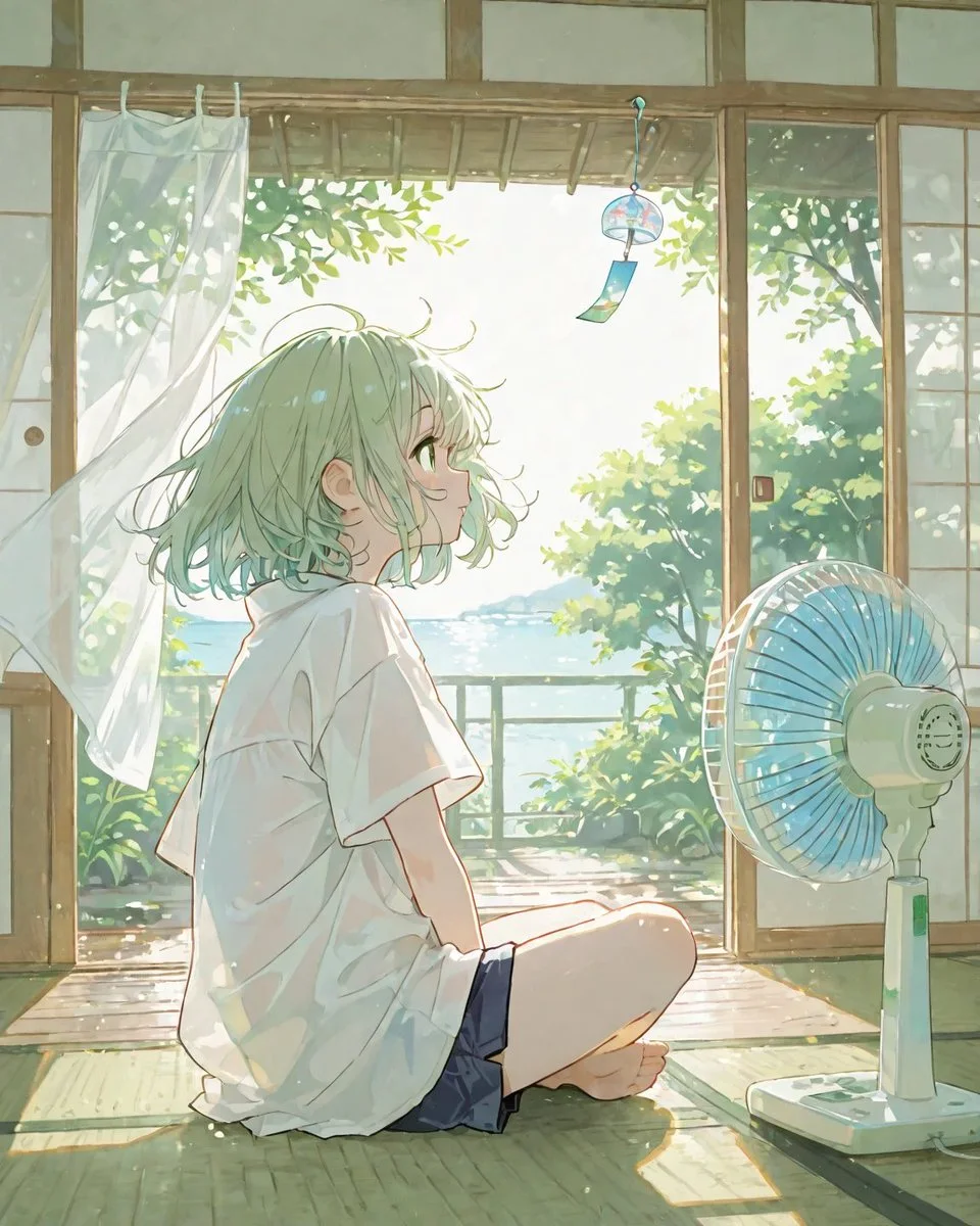 A serene anime summer scene of a mint-haired girl relaxing in a breezy tatami room overlooking greenery and the ocean