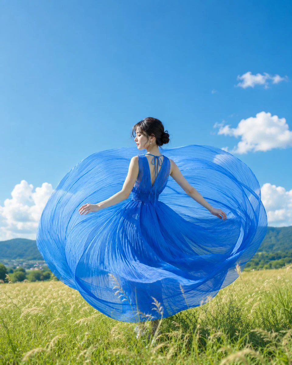 Summer Sky Portrait with Blue Dress: social media prompt preview with platform-ready composition and clear design.