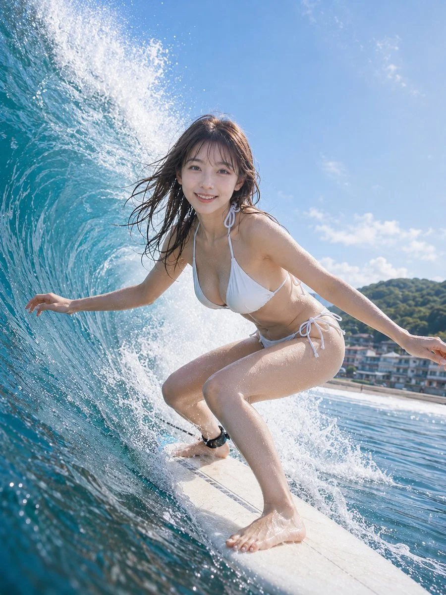 Summer Surfer Girl Action Portrait with sports portrait styling, natural action detail and polished editorial lighting