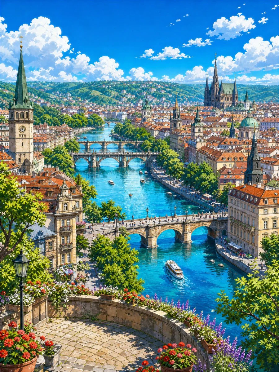Sunlit fantasy riverside city viewed from a flowered terrace, with turquoise water, bridges, boats, and vibrant anime travel scenery.