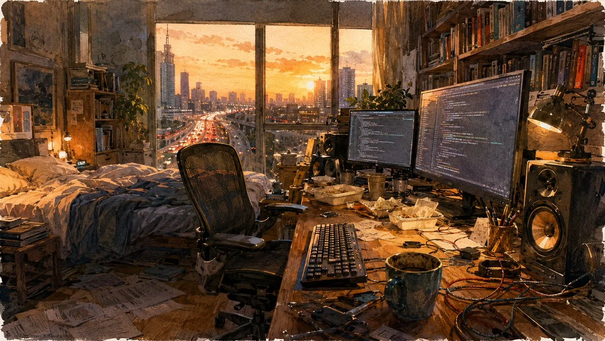 Programmer working at a desk in a warm sunset-lit bedroom studio