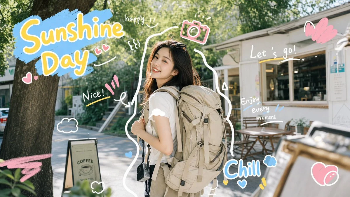 Sunny travel photo with colorful hand-drawn sticker overlays