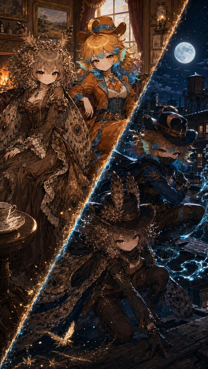 Split portrait transformation showing a character as normal and superhero versions across eras