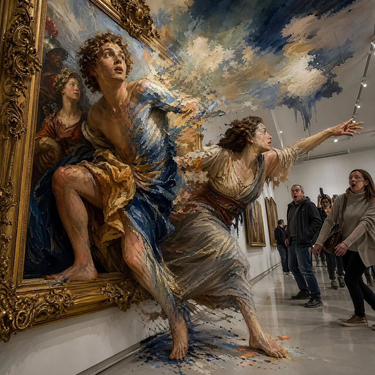 Figures from a Baroque painting emerge into a modern gallery, blending 2D and 3D elements, while shocked visitors react in awe