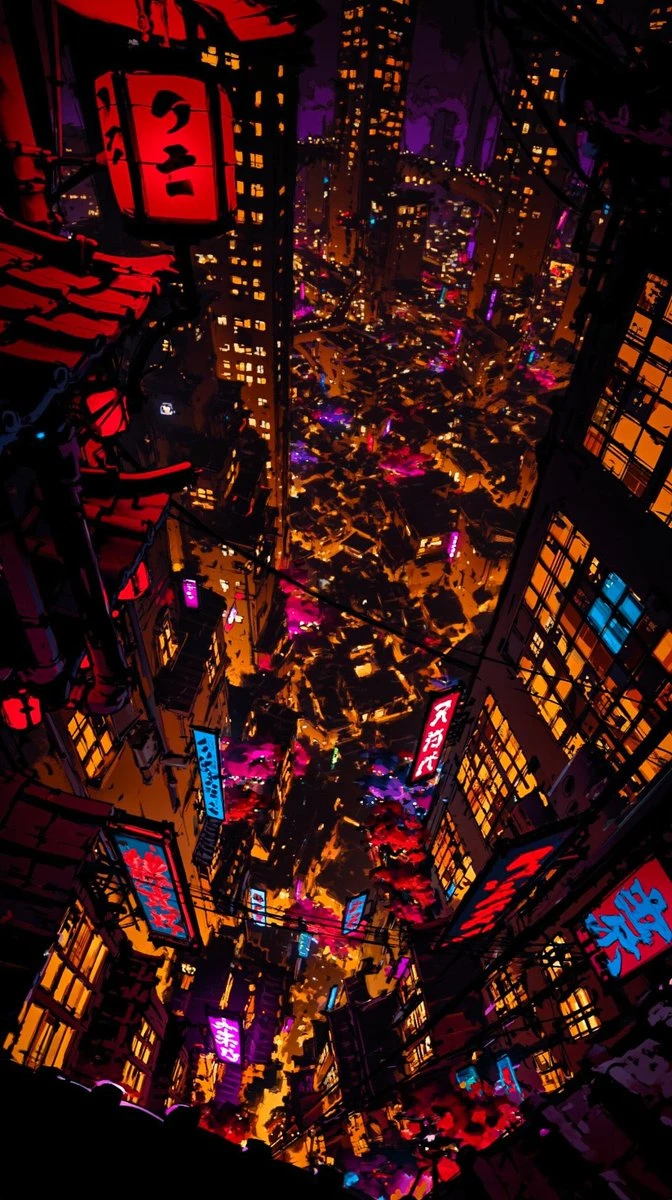 A vibrant, surreal Japanese futuristic cityscape filled with neon lights, towering skyscrapers, and intricate street details depicting urban life
