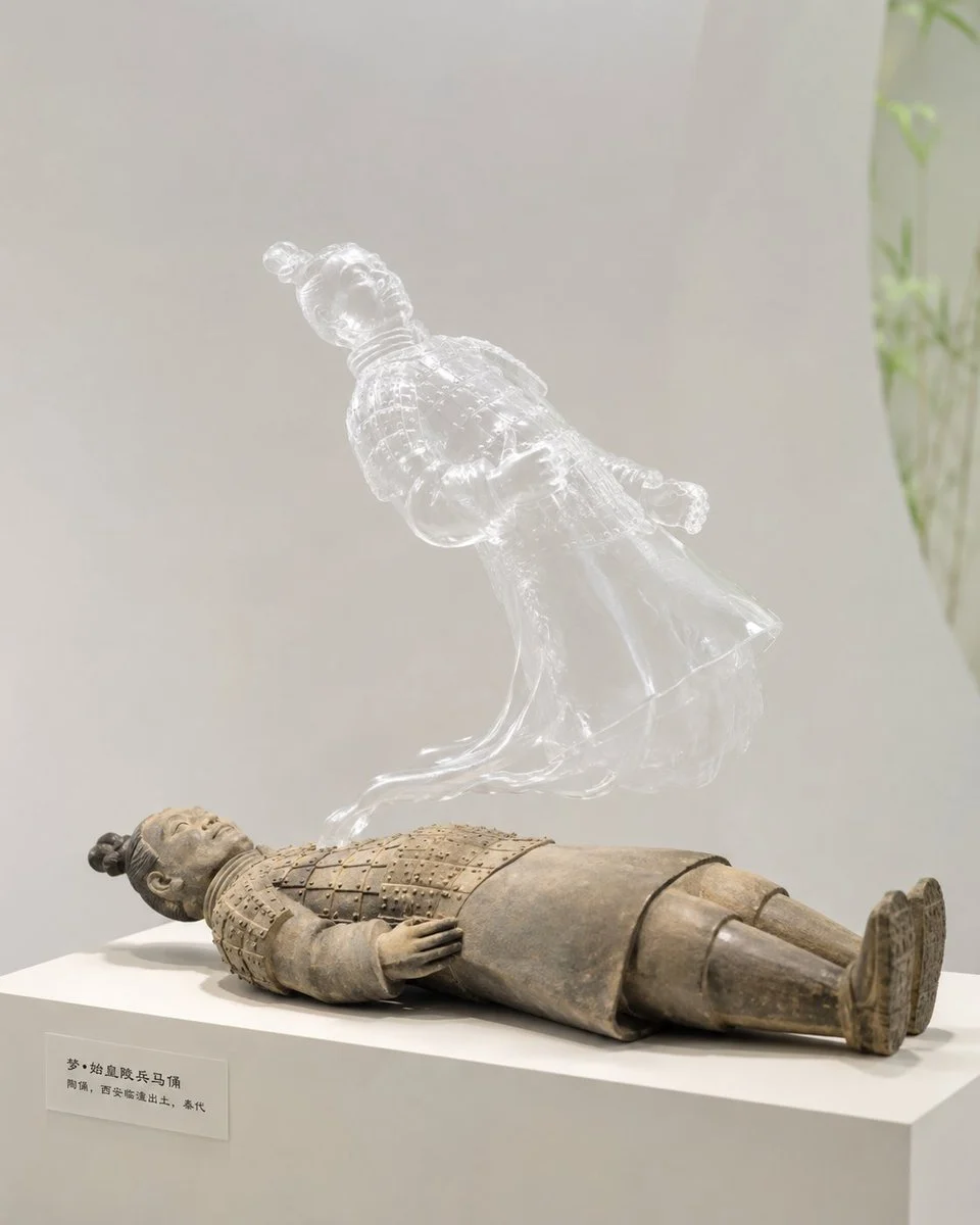 Surreal gallery scene where a subject appears to have its soul floating out of its body