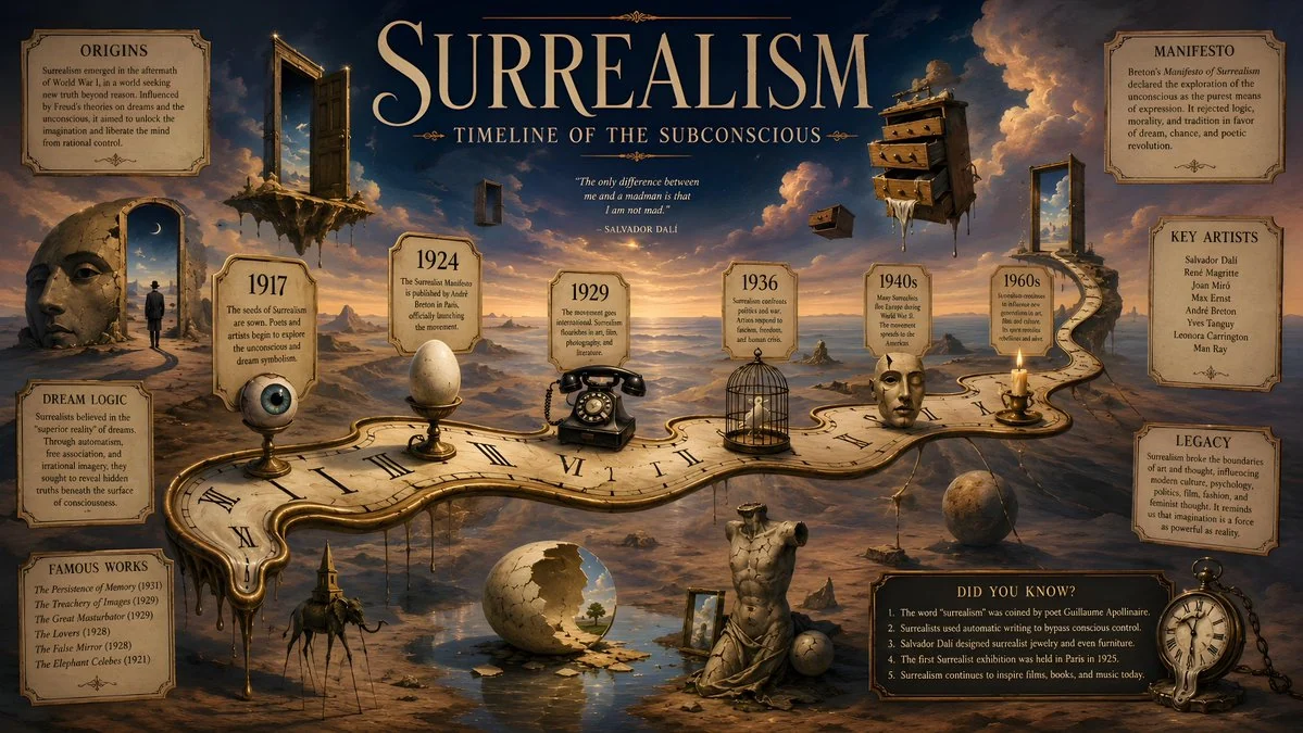 Surrealism history timeline poster combining museum-style chronology, art references and editorial infographic layout