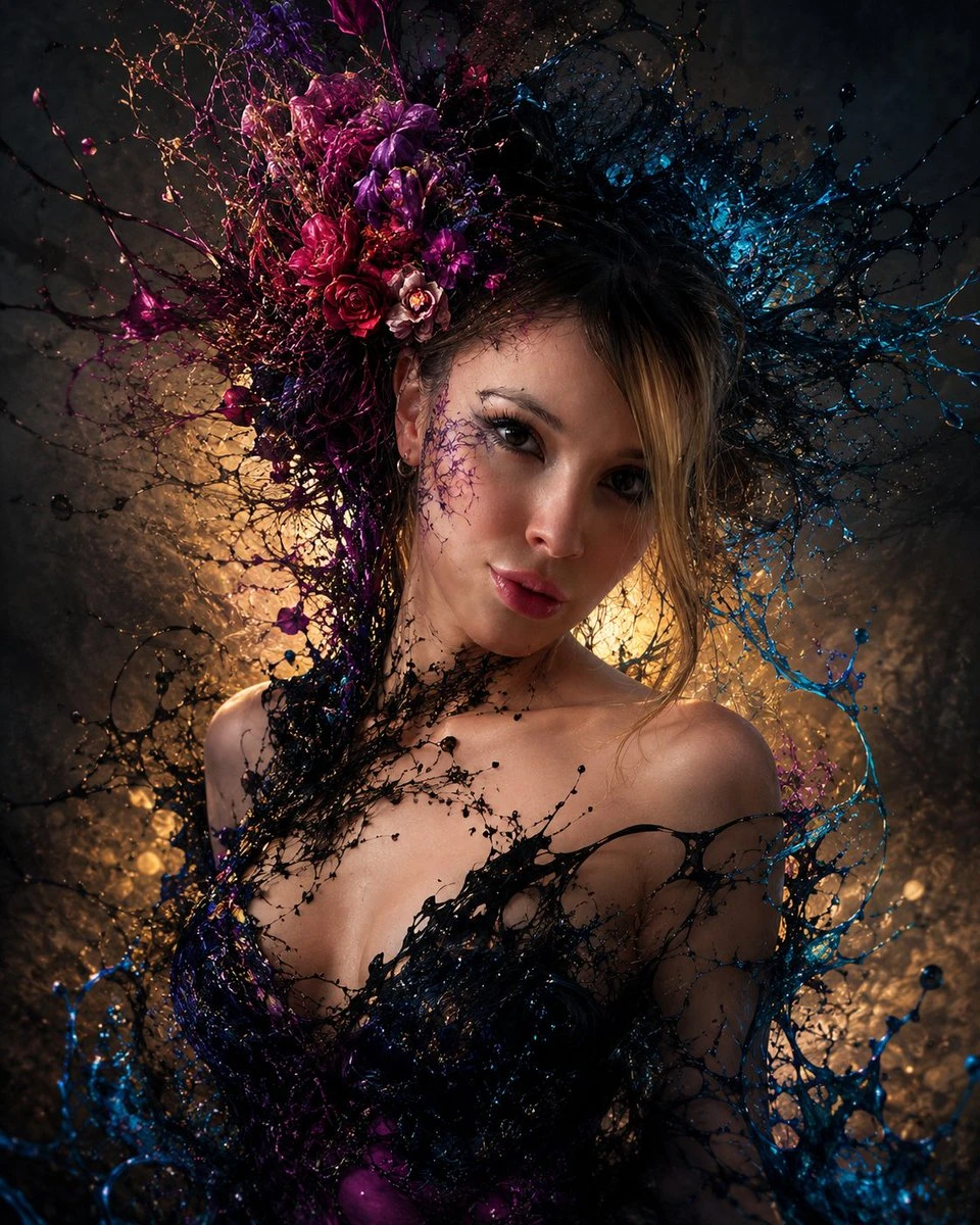 Surreal dark fantasy portrait with abstract dissolving hair, porcelain skin, and dramatic fine-art atmosphere.