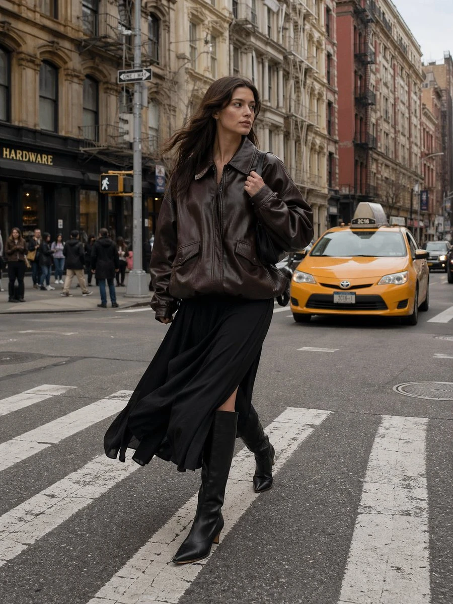 A woman in a brown leather jacket and black dress walks confidently across a city crosswalk, with a yellow taxi in the background.