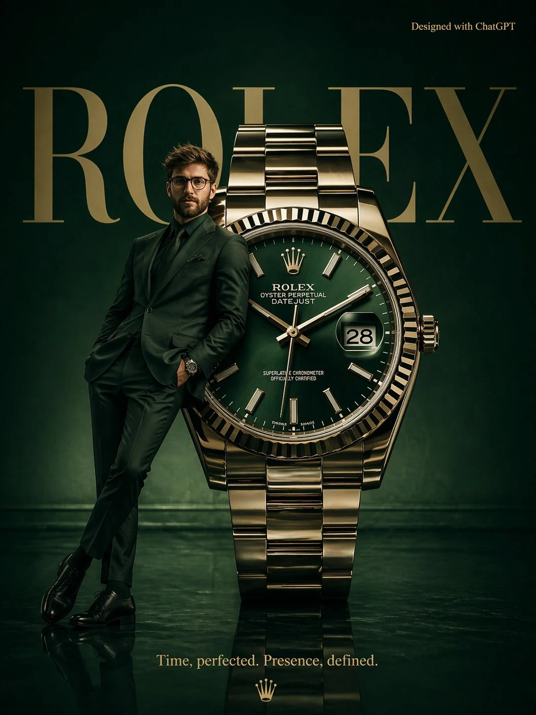A massive Rolex watch stands as a monument in a deep emerald green studio, while a male model in a matching suit leans against it