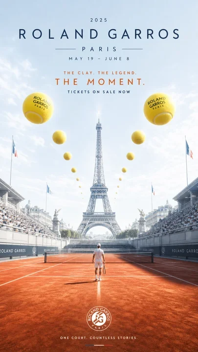 Symmetric Roland Garros Paris Poster: Creates a premium vertical tennis tournament poster with a centered clay court, Eiffel Tower, floating balls, and...