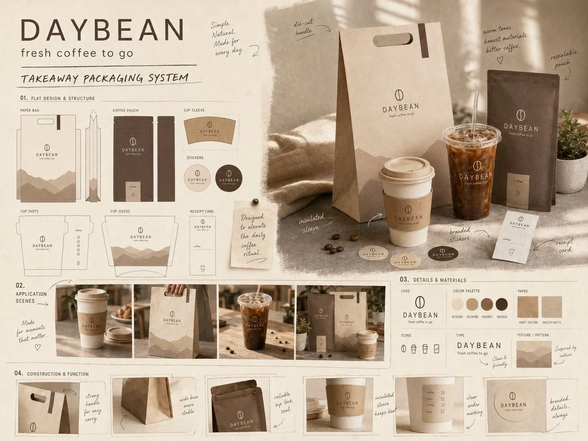 Brand proposal board for a takeaway packaging system, showing coordinated containers, labels, colors, and presentation layout.