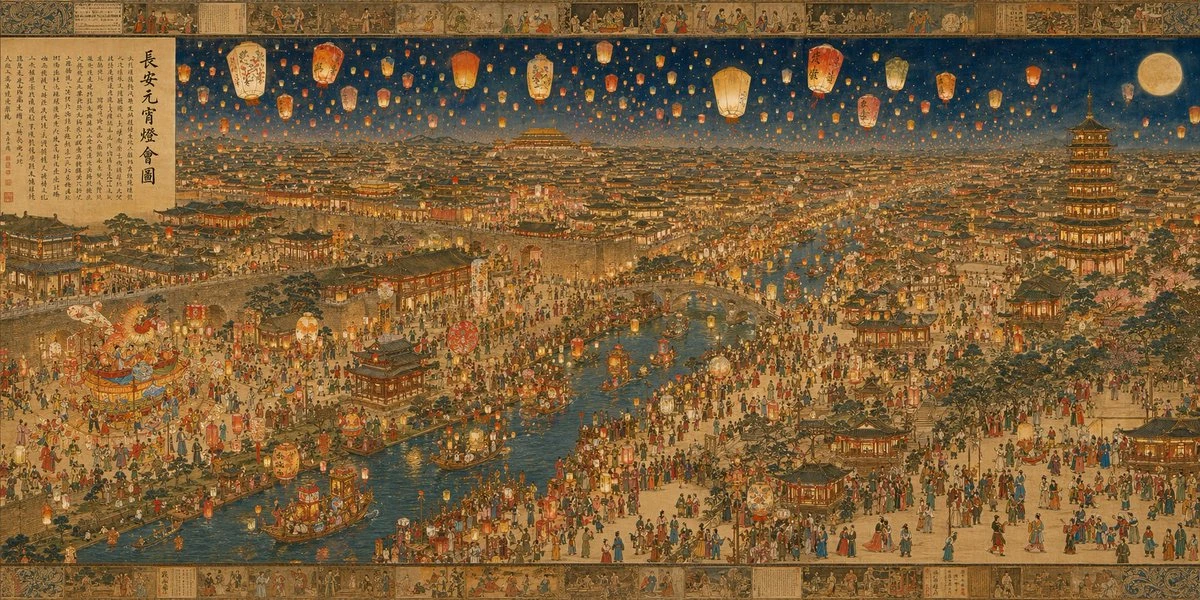 A vibrant panorama of the Tang Dynasty Chang'an Lantern Festival, showcasing thousands of lanterns illuminating a bustling riverside celebration