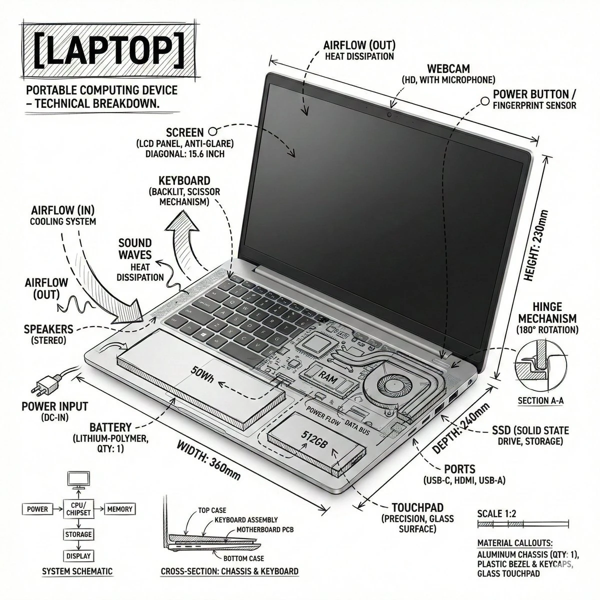Technical Laptop Infographic Illustration with structured visual hierarchy, readable details and polished educational layout