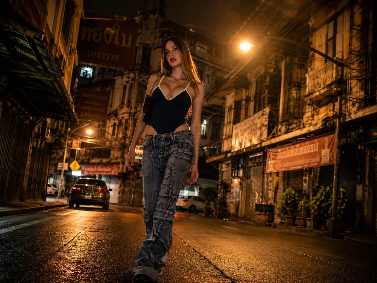 Cinematic low-angle portrait in a narrow Thai urban street at night with weathered buildings