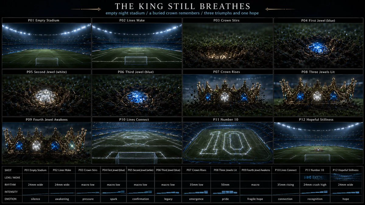 Sports masthead storyboard for The King Still Breathes with symbolic crown, stadium panels and Argentina-blue editorial layout