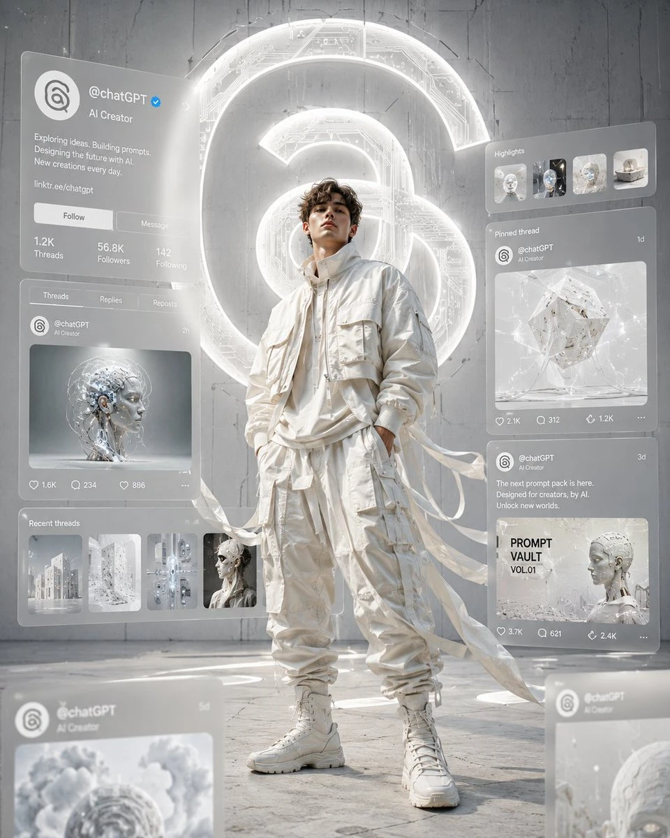 Monochrome techwear artwork inspired by Threads branding, with a centered fashion model and clean white editorial styling.