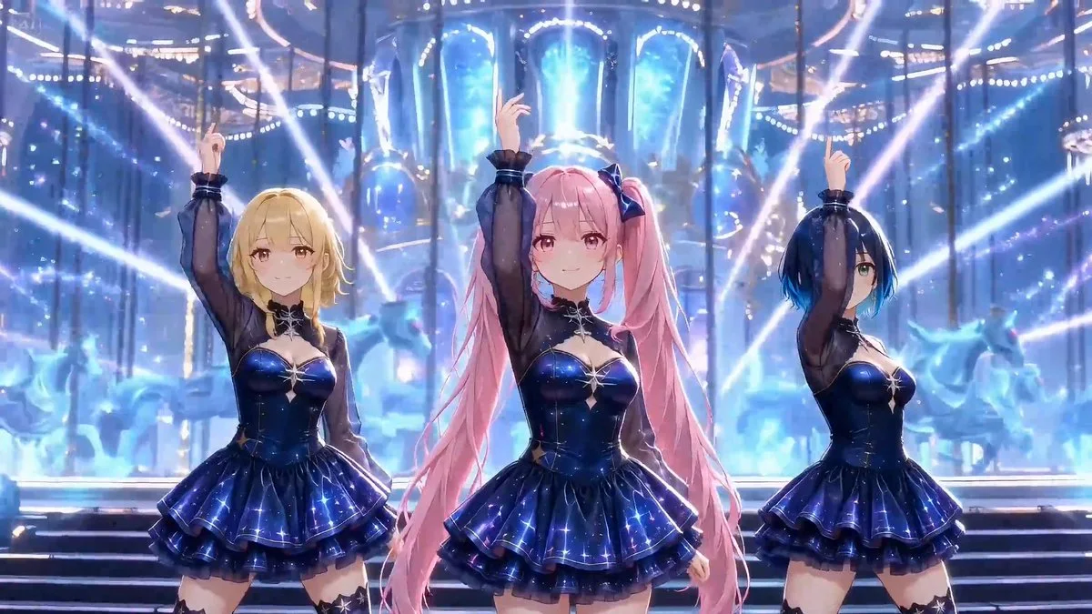 Three virtual pop idols perform synchronized choreography on a holographic stage, with one arm raised and smiling confidently.