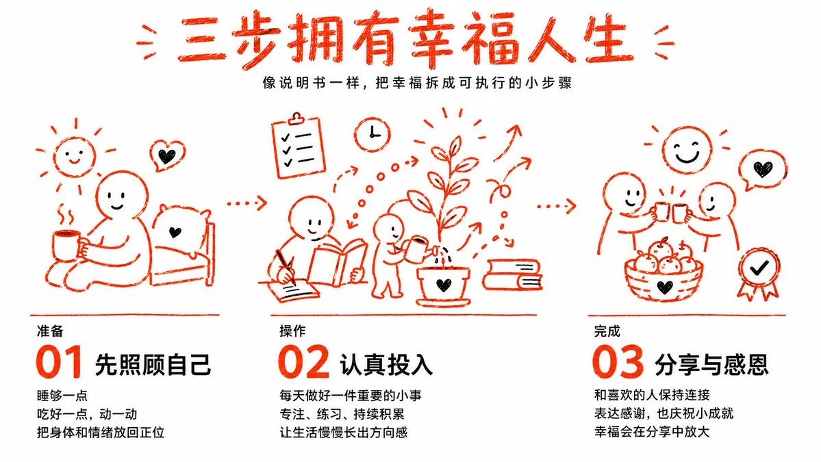 Three-step illustrated happiness infographic with a clean horizontal layout