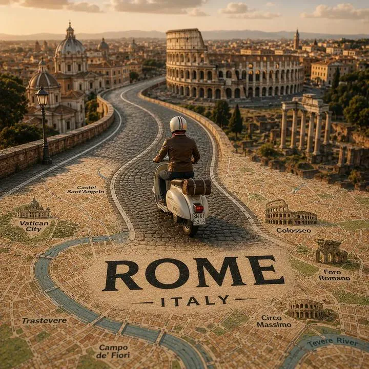 Tilt-shift travel poster showing a miniature vehicle road rising from a vintage city map toward a skyline