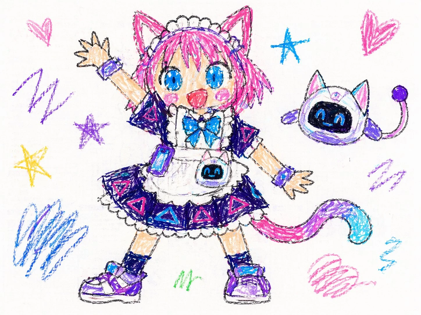 A colorful toddler-style drawing features a cheerful character with pink hair and cat ears, surrounded by chaotic stars and scribbles