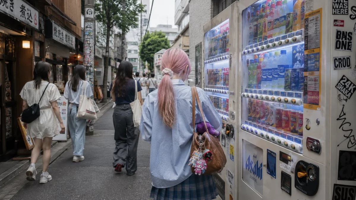 Tokyo alley snapshot with a woman beside glowing vending machines at night