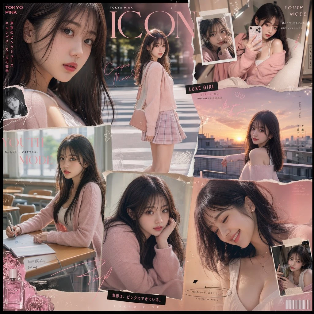 A stylish Japanese college girl is featured in a pink-themed fashion collage, showcasing various cinematic portraits and playful moments