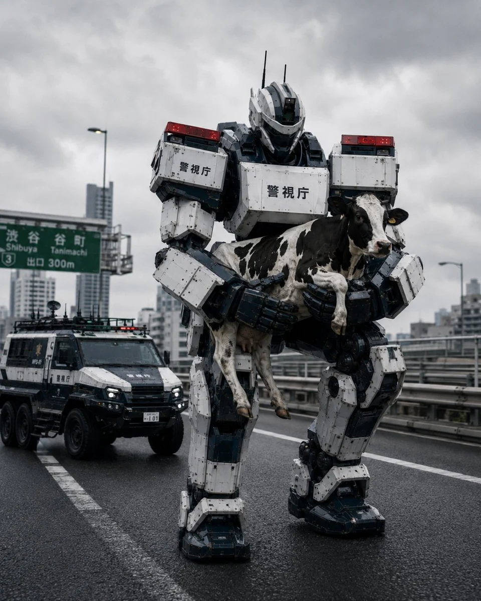 Tokyo Police Robot Rescuing Cow with polished social media composition, clear subject focus and share-ready visual styling