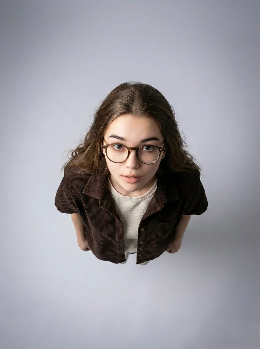 Top-Down Aerial Studio Portrait with expressive pose, realistic lighting, and polished portrait composition