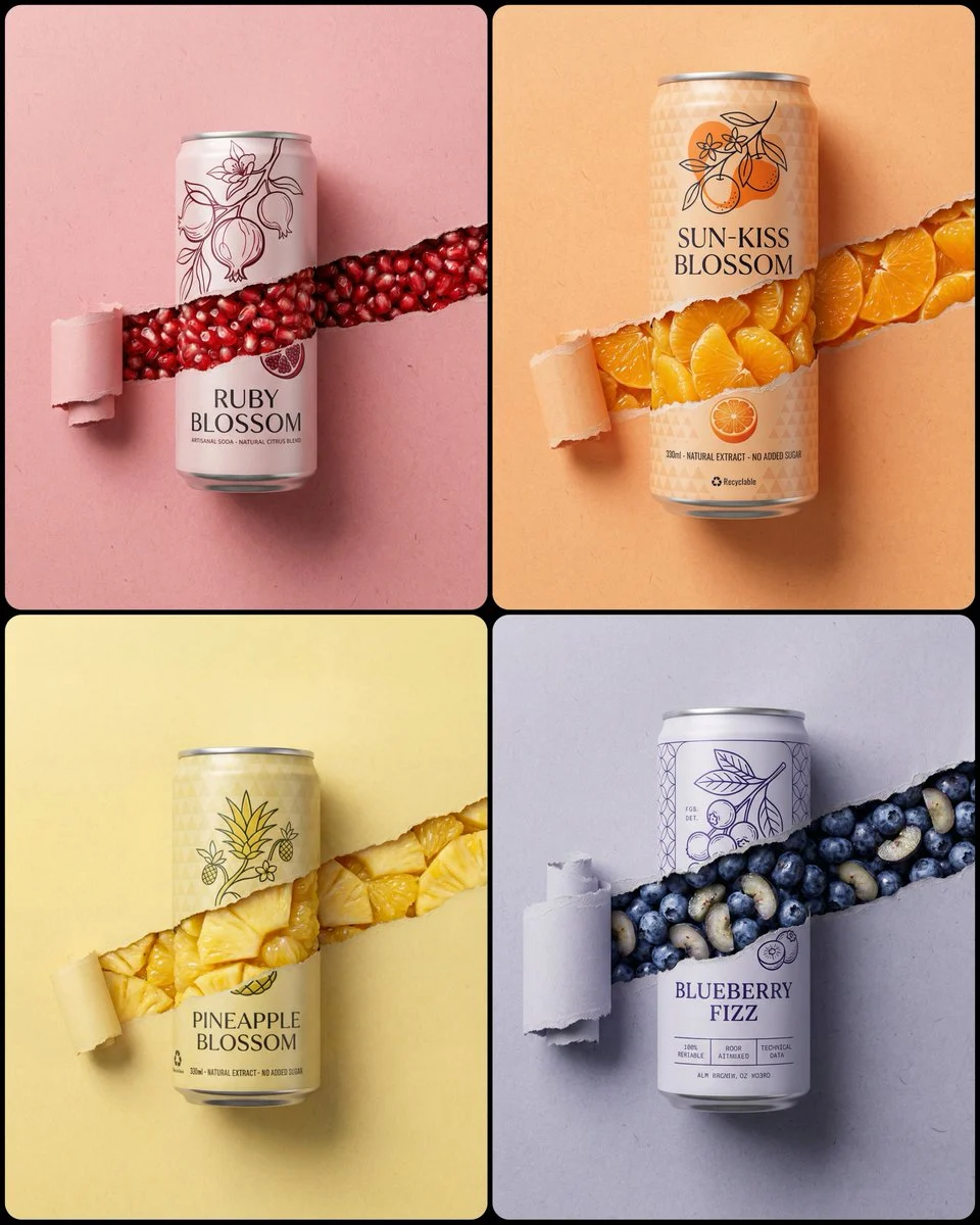 A soda can product ad shows a torn paper strip exposing glossy fruit inside the can on a minimal textured backdrop