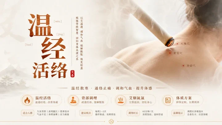 Traditional Chinese Moxibustion Poster with structured educational layout, readable annotations and clean visual hierarchy