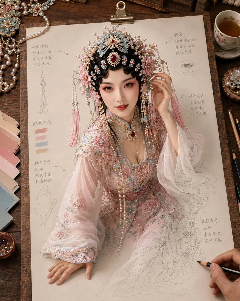 A woman in traditional opera costume appears on a design sheet with sketches and notes arranged on a warm wood-toned workbench.