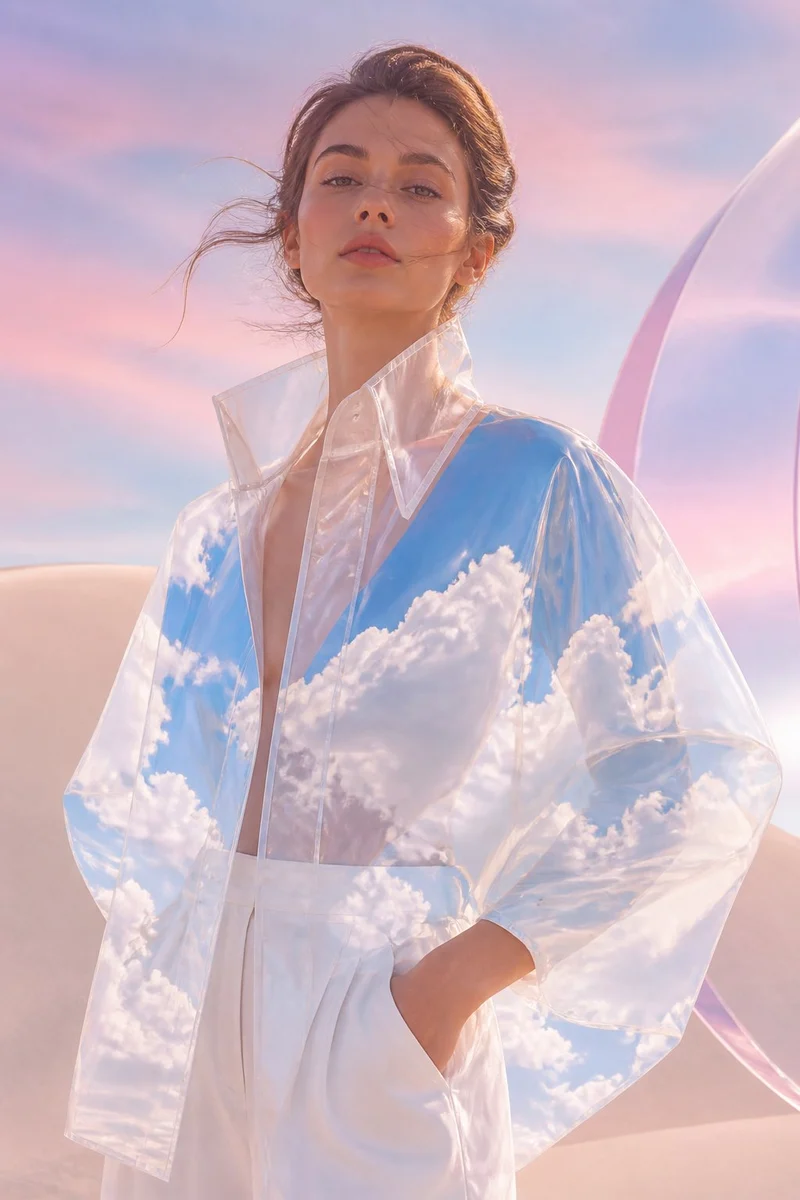 Surreal transparent sky jacket fashion portrait with cloud-filled outerwear, soft lighting and editorial styling