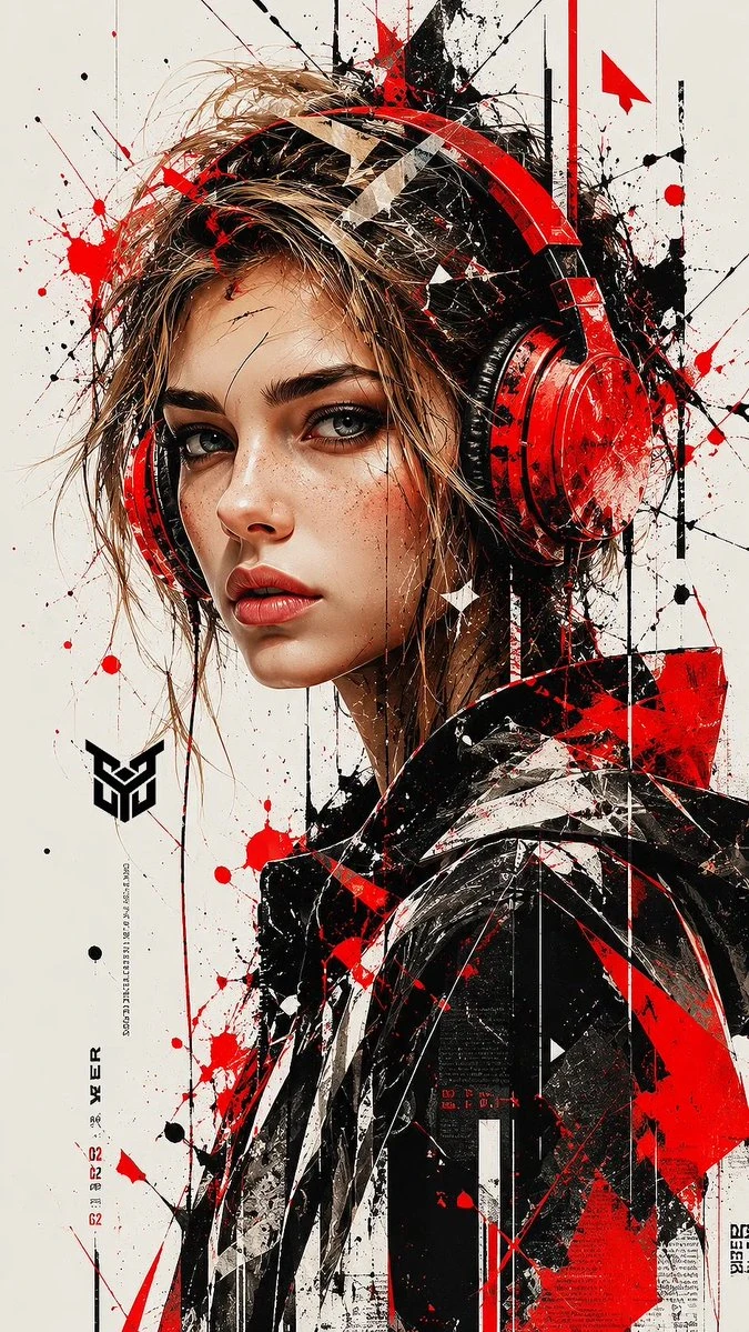 A young woman with messy light brown hair and vibrant red headphones stares intensely at the viewer against a minimalist off-white background, featuring chaotic red and black ink