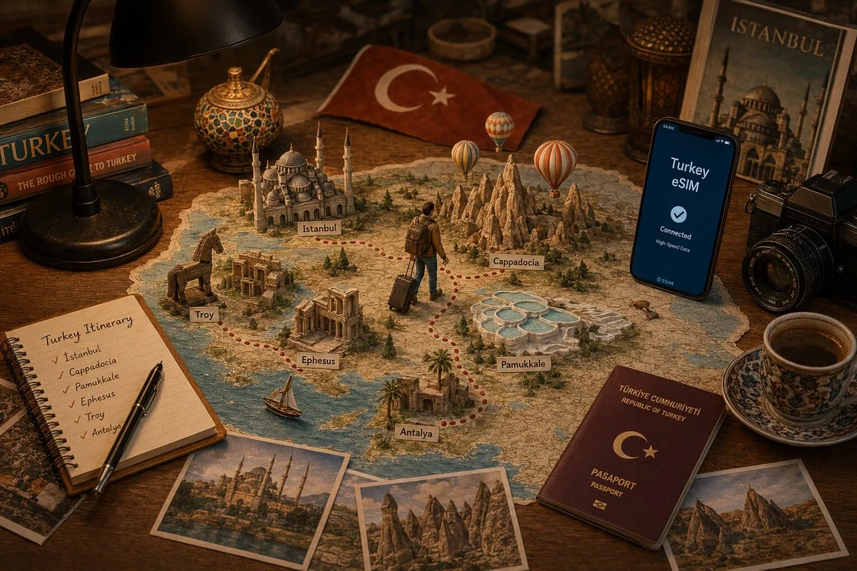 Travel planning tabletop scene with maps, tickets, notes and destination objects arranged as a polished lifestyle flat lay