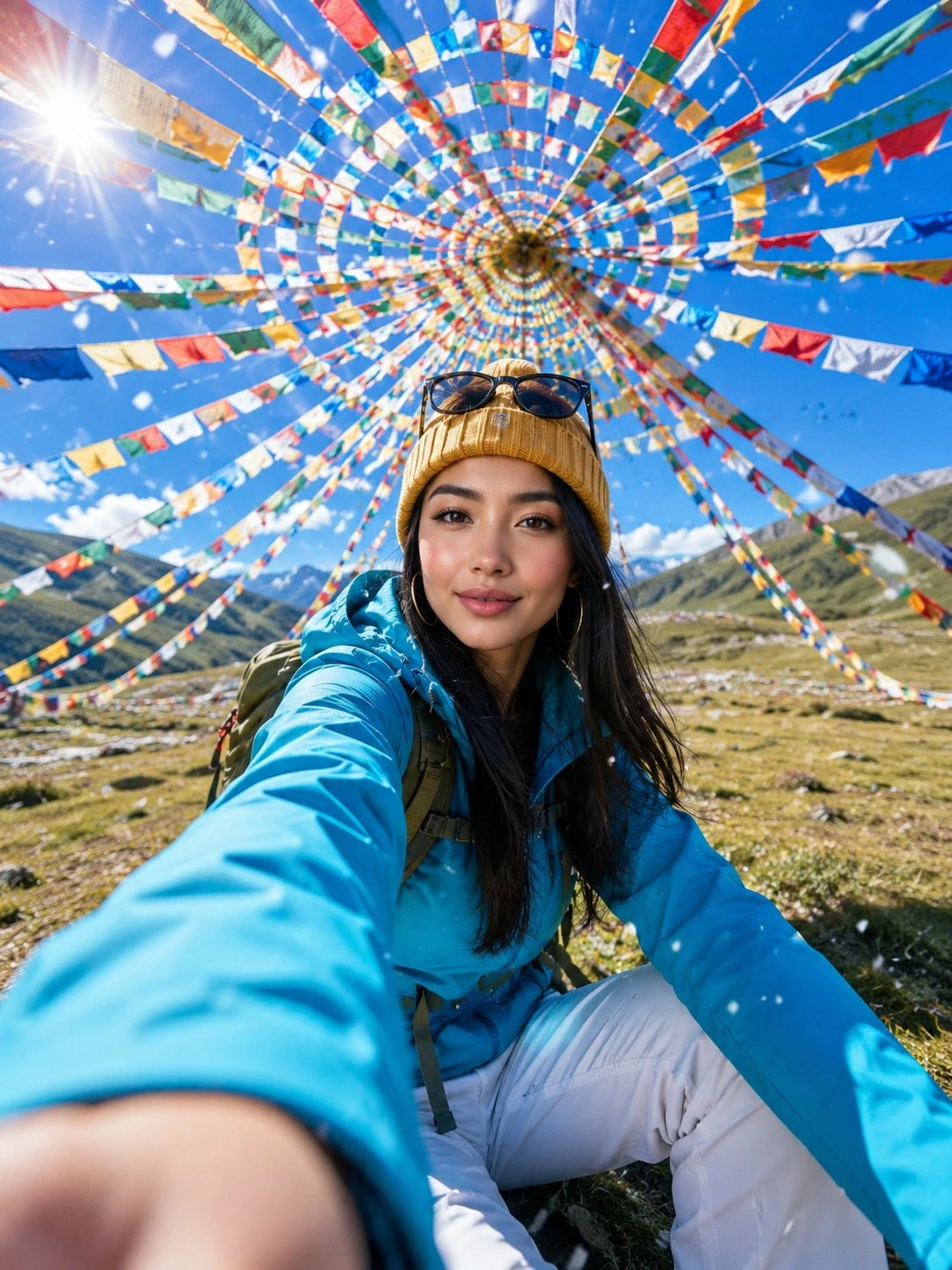 A young woman in a bright cyan jacket and mustard yellow beanie takes a selfie in an alpine meadow, surrounded by colorful Tibetan prayer flags