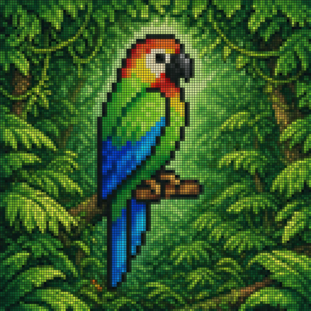 A vibrant pixel-art mosaic features a tropical parrot with a bright red-orange forehead and vivid green body, perched on a branch amid lush green foliage