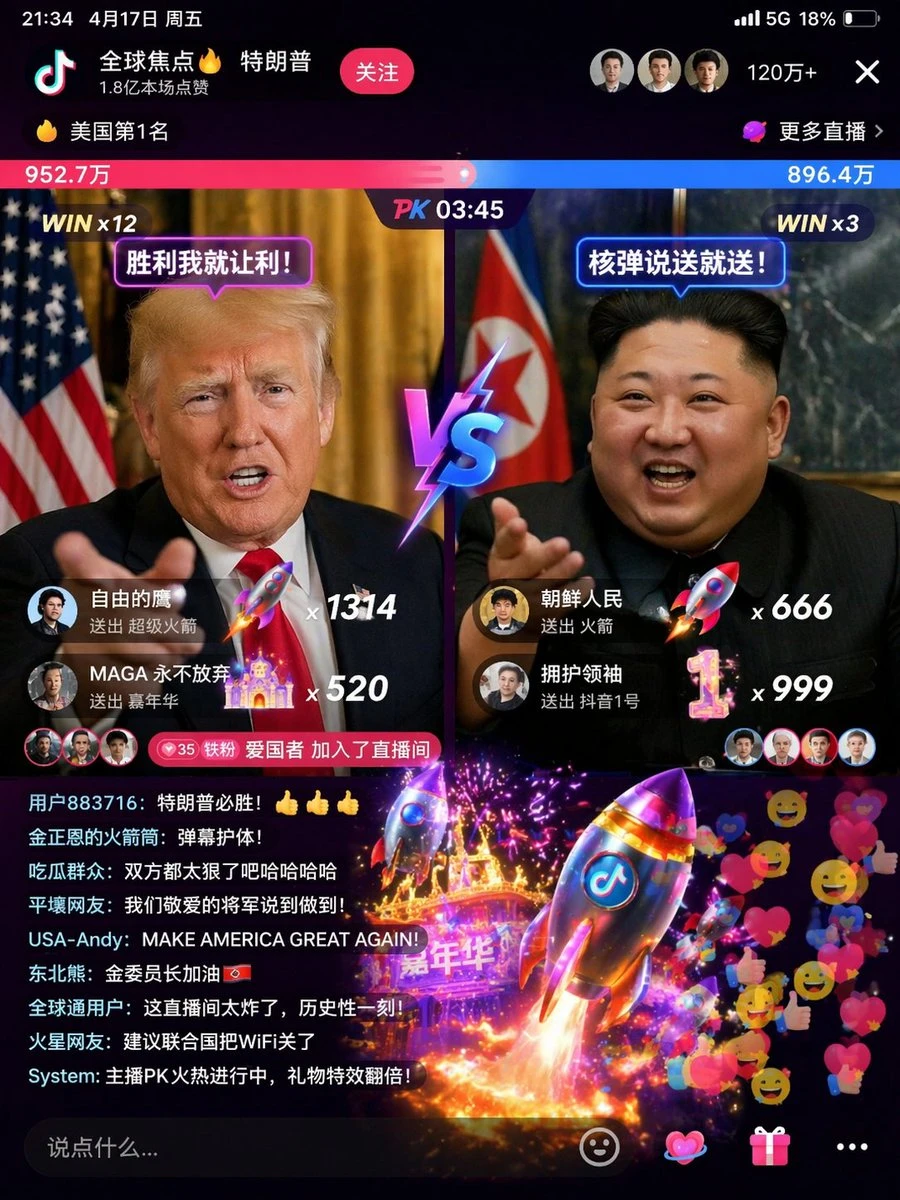 Trump and Kim Jong-un face off in a vibrant livestream interface, showcasing viewer engagement and animated graphics