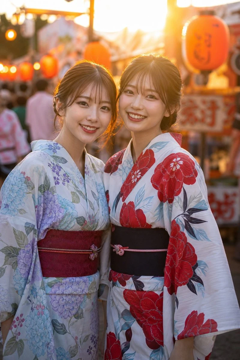 Two friends wearing yukata at a summer festival, surrounded by warm lights, traditional details, and candid atmosphere.