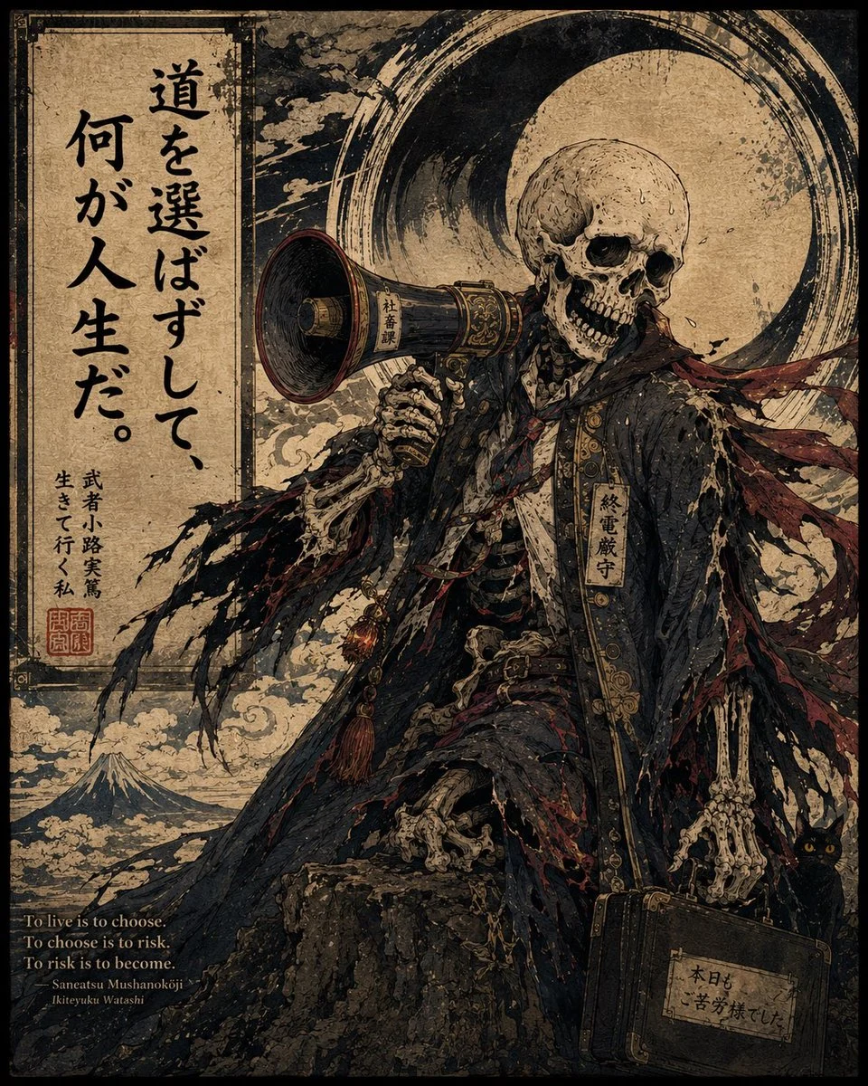 Dark ukiyo-e style poster of a skeletal salaryman with corporate burnout satire and antique texture