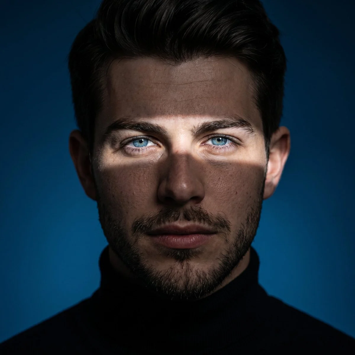 A centered ultra-realistic studio headshot with confident direct gaze, dark clothing, detailed skin texture, and cinematic lighting