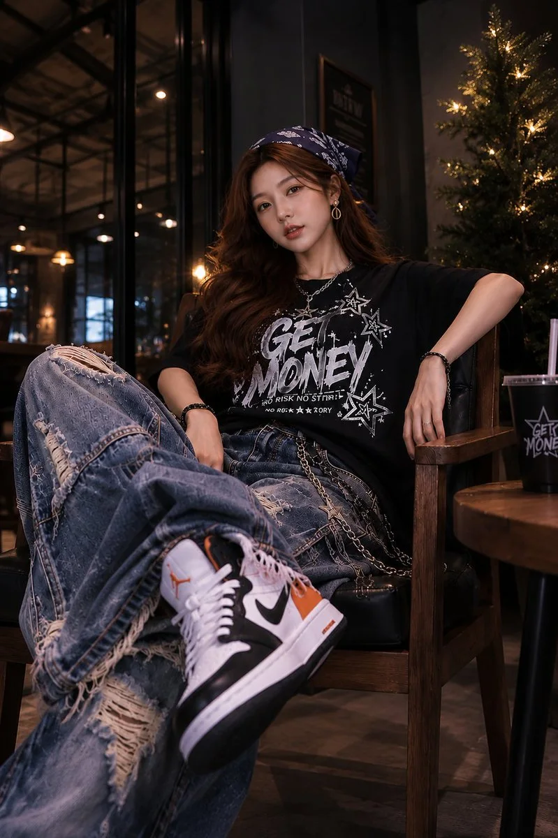 A high-quality fashion portrait of a woman in baggy streetwear within a luxury café lounge at night, featuring cinematic lighting and detailed textures