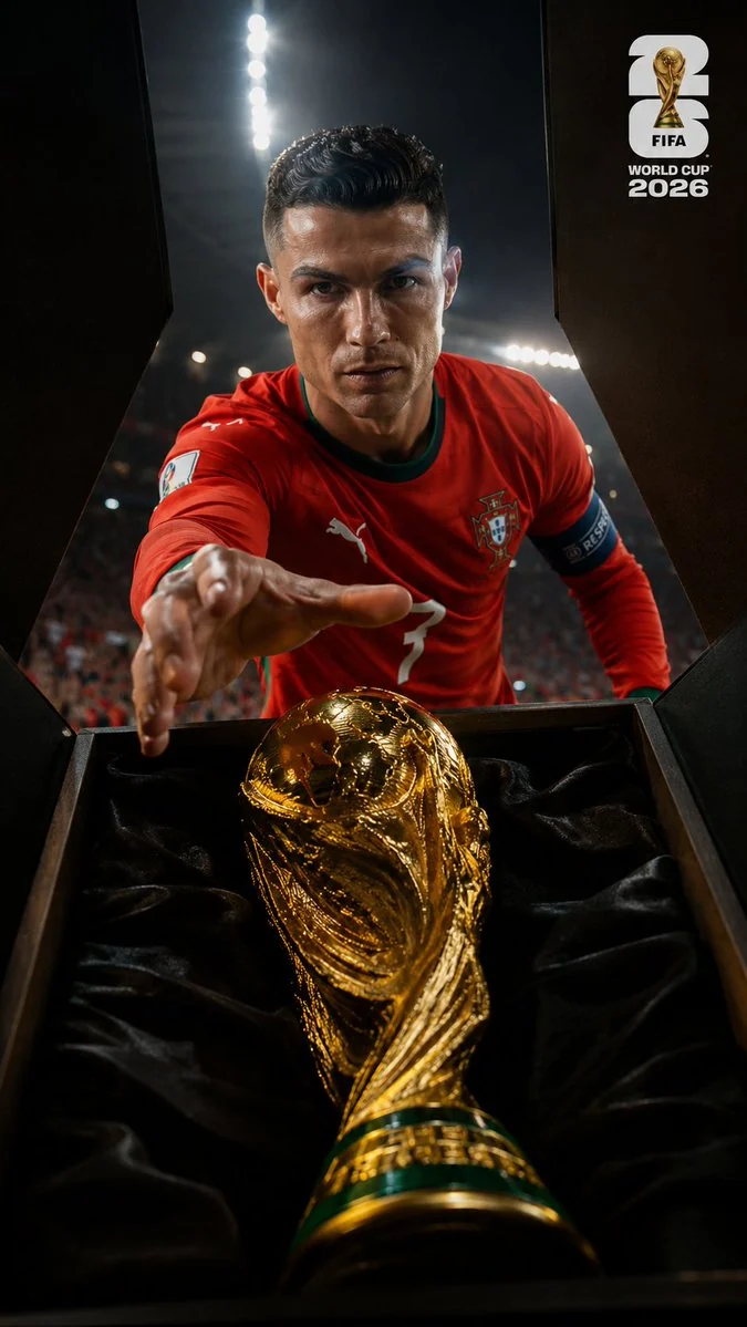 Ultra-realistic sports trophy photograph with dramatic lighting, reflective metal detail and premium championship atmosphere