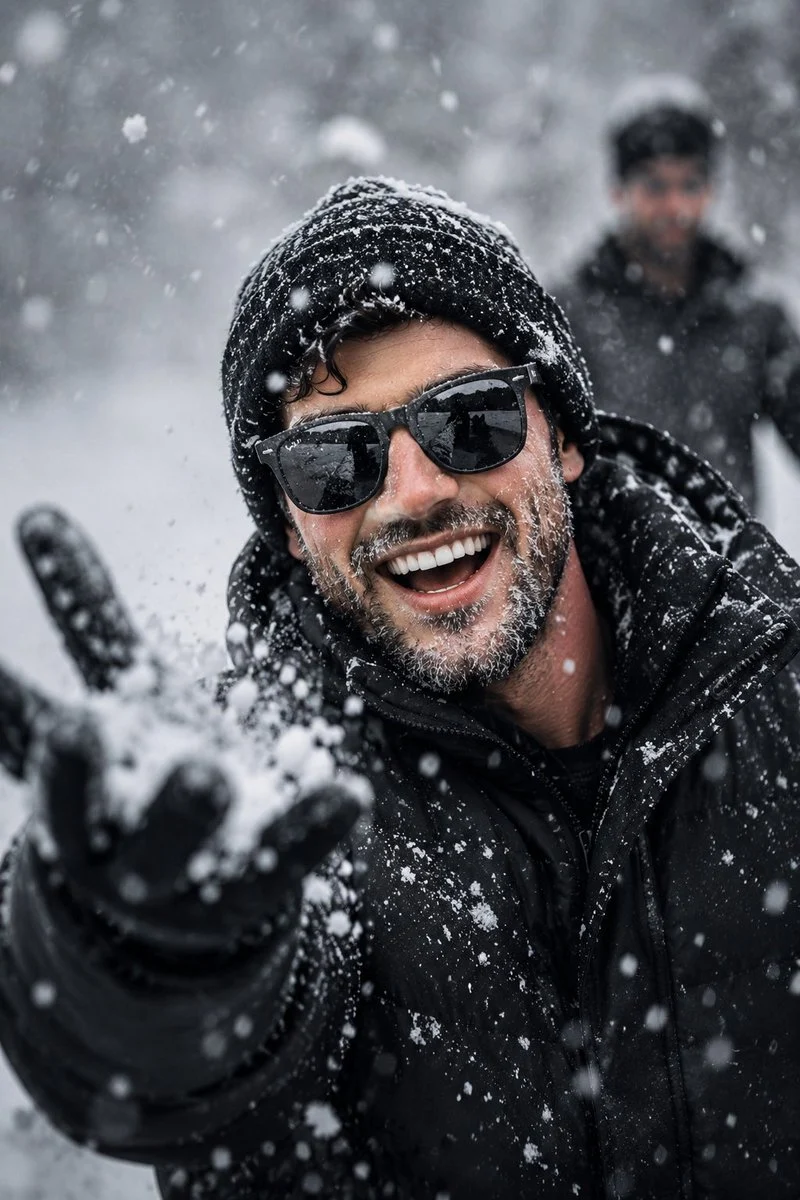 A winter close-up portrait with beanie, reflective sunglasses, thick outerwear, crisp skin detail, and cold cinematic lighting